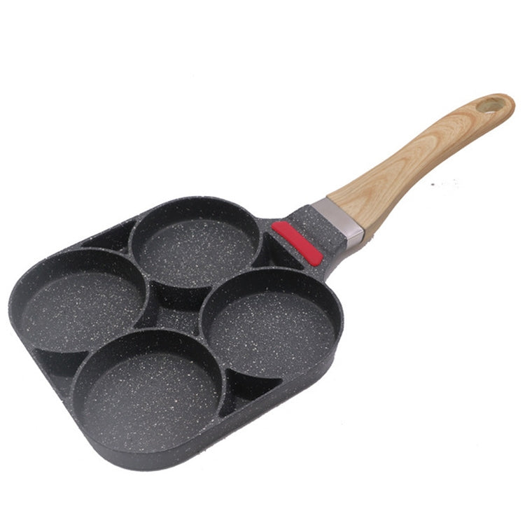 Four-hole nonstick egg frying pan with wooden handle, black speckled surface