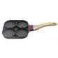 Four-hole egg dumpling pan with wooden handle and four round shallow cups, black