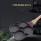 Four-hole nonstick egg pan with wooden handle, black speckled cups for breakfast