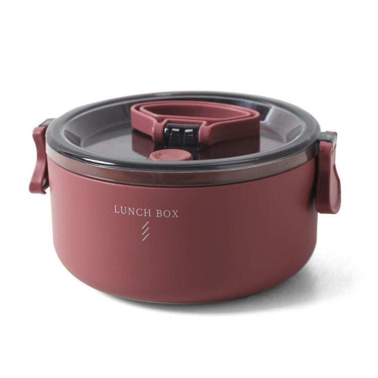 Round insulated lunch box with clear lid and red clamp handle, single container