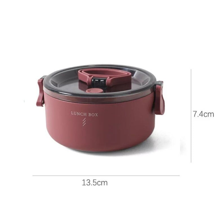 Round insulated lunch box with clear lid and red side handles, compact size