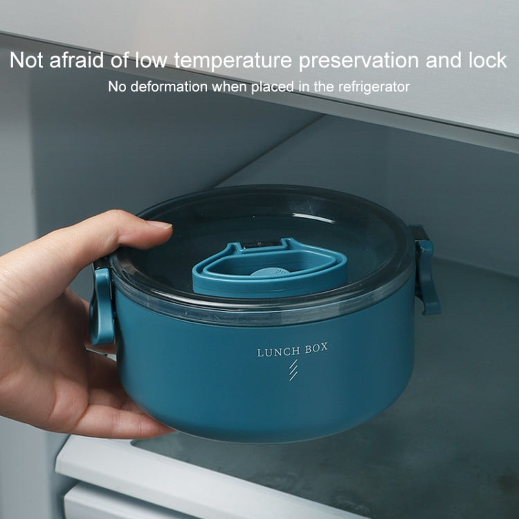 Blue round insulated lunch box with lid open and locking steam vent