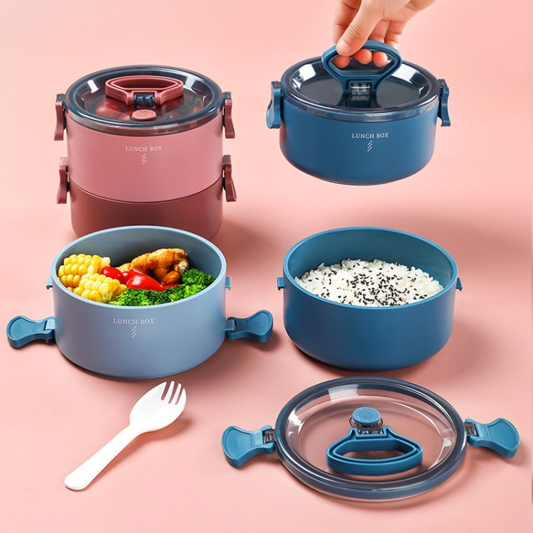 Set of round insulated heated lunch boxes with lids, shown in two colors
