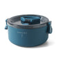 Round insulated lunch box with clear lid and blue side handles, single container