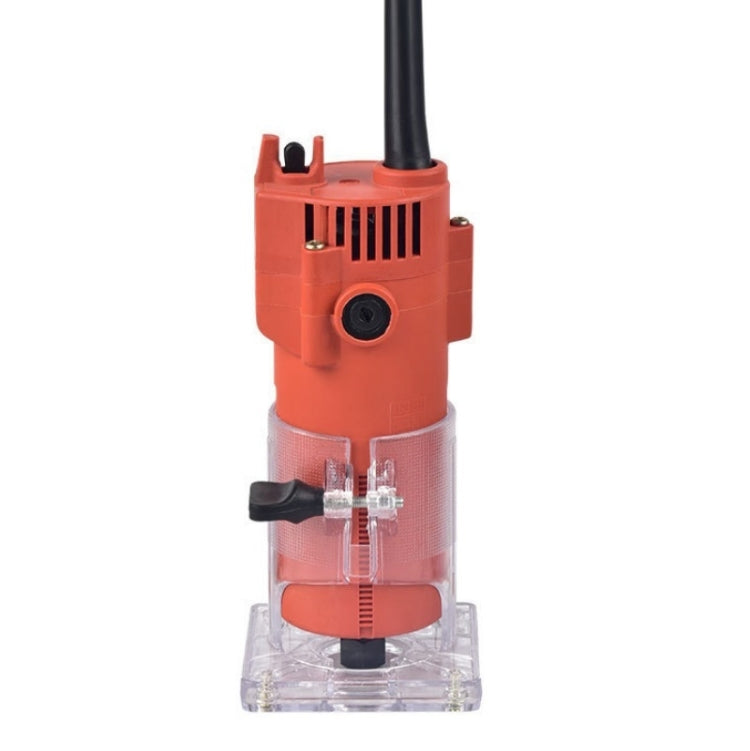 Multifunction electric woodworking trimmer with red housing and transparent base