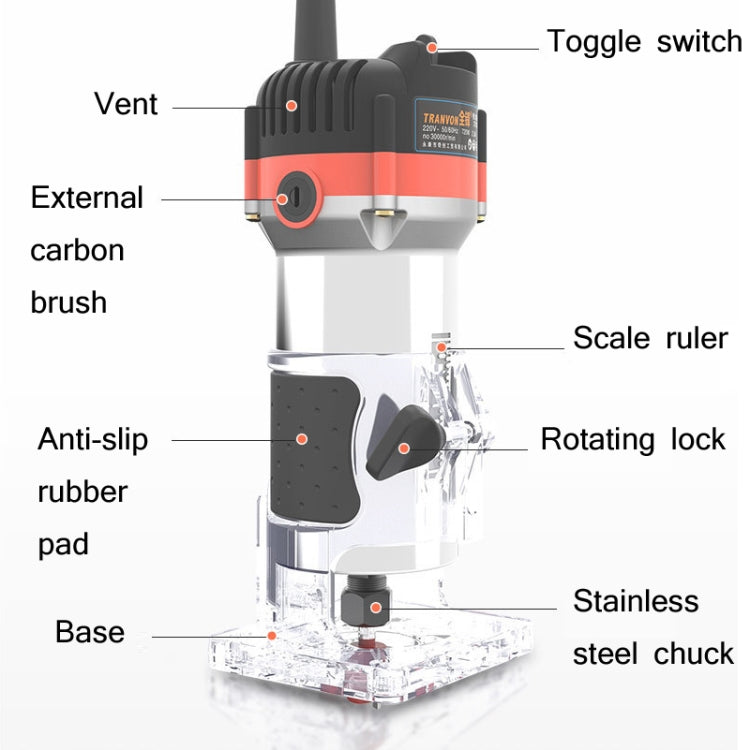 Electric edge trimmer router with anti-slip pad, scale ruler, and rotating lock