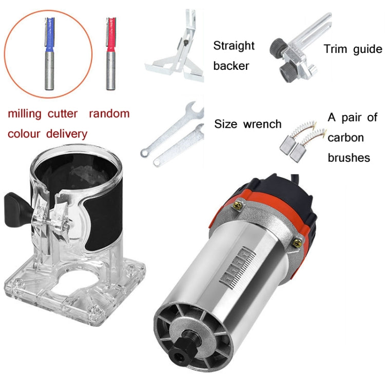 Electric wood milling trimmer with trim guide, backer, wrenches, and cutter accessories
