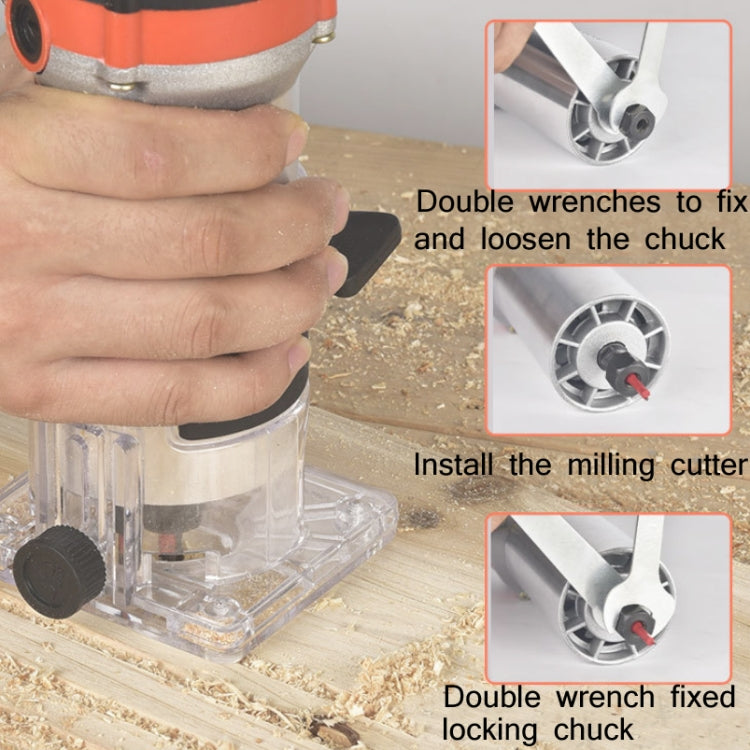 Electric router trimmer over wood with hands adjusting the locked chuck