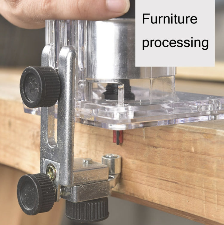 Electric woodworking trimmer with transparent base and guide for routing wood