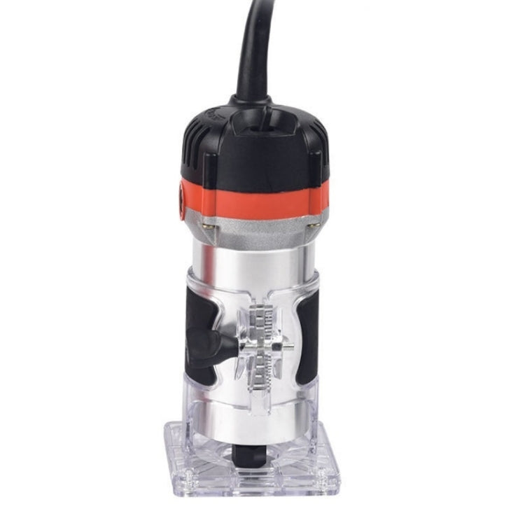 Multifunction electric woodworking trimmer with black top, silver housing, transparent base