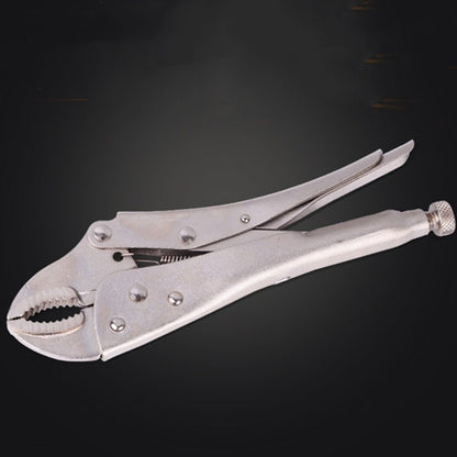 10-inch C-type locking pliers, silver metal with light gray handle