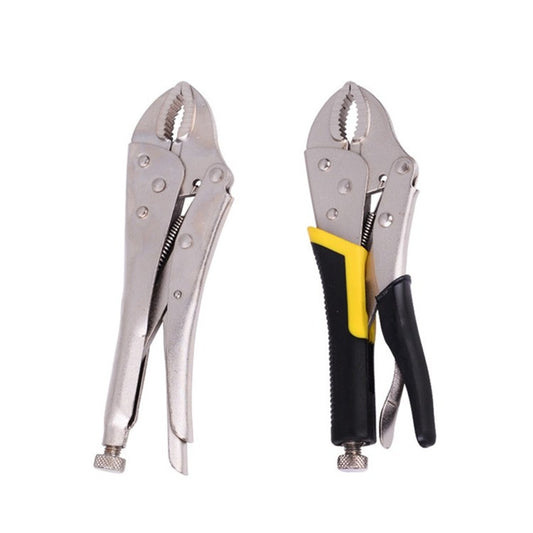 C-type locking pliers set, silver jaws with yellow-and-black and light gray handles