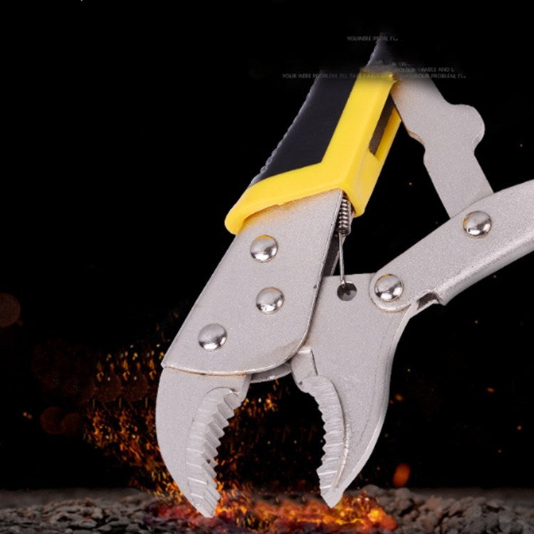 C-type pliers close-up, silver jaws and yellow handle with adjustment screw