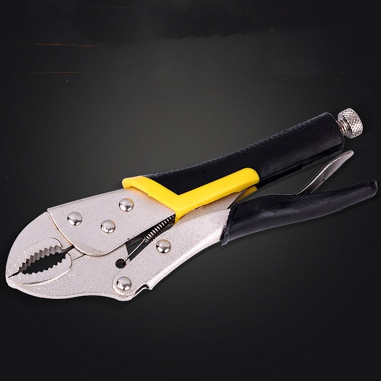 C-type locking pliers, 10-inch with black handles and yellow grip