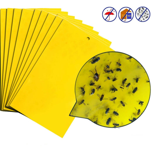 Yellow sticky insect trap boards, stacked with oval cutout showing captured insects