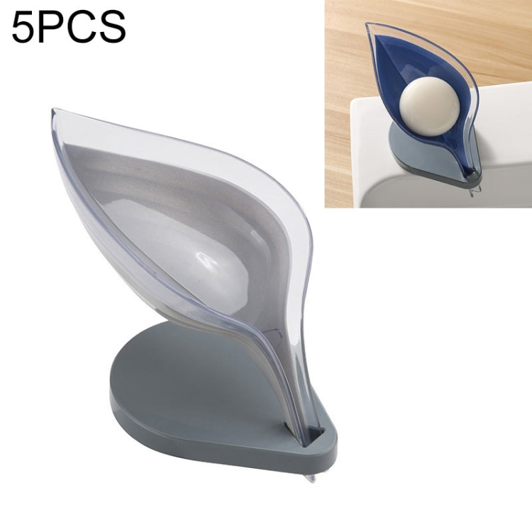 Leaf-shaped suction soap holder, transparent blue with grey base and white bar