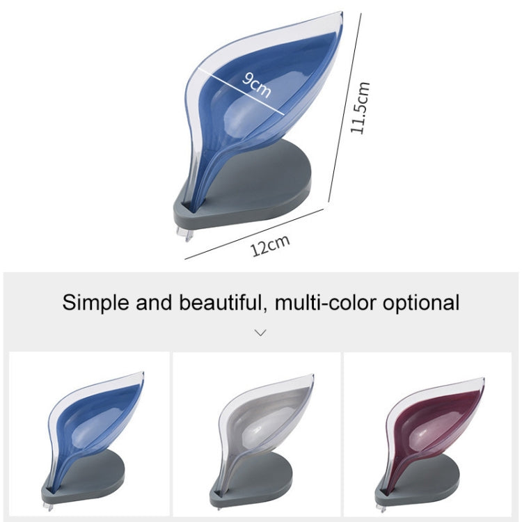 Blue transparent leaf soap holder with grey suction base, 12cm wide