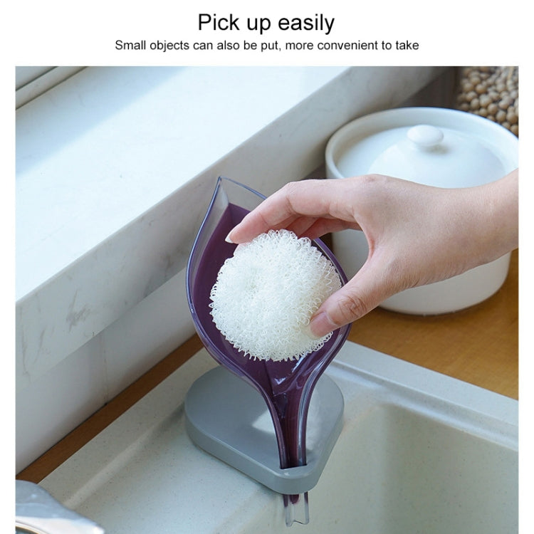 Transparent blue leaf soap holder with sponge loading, grey suction base