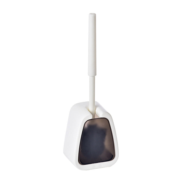 Wall-mounted toilet brush with white handle and square dark bristle holder