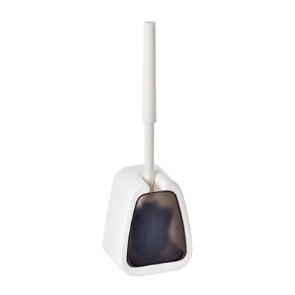 Wall-mounted toilet brush with white handle and square dark bristle holder