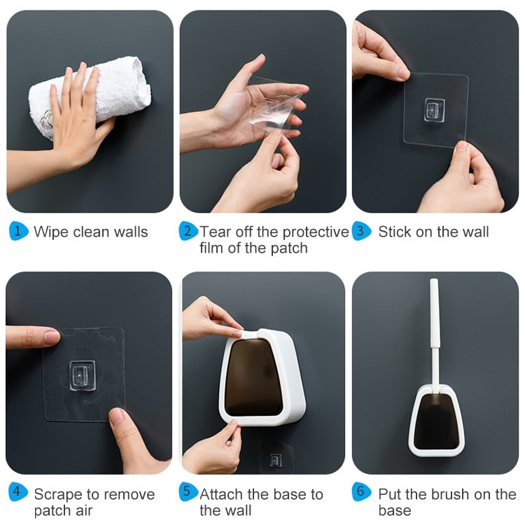 Wall-mounted toilet brush installation steps with adhesive patch and wall base