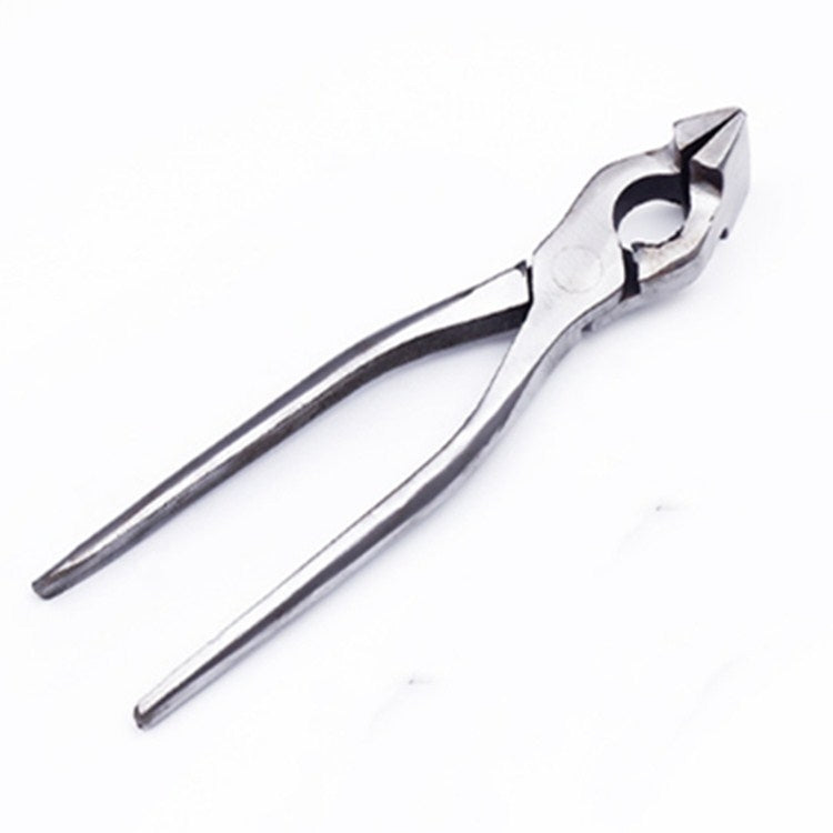 Leather pliers tool with straight jaws and metal box-style punch head