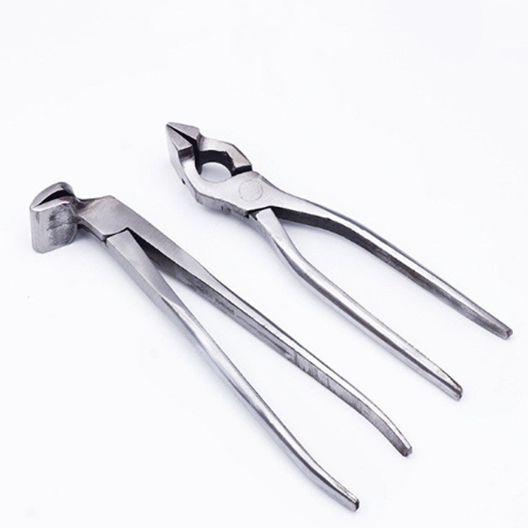Leather pliers pair with angled box-style punch heads and long metal handles