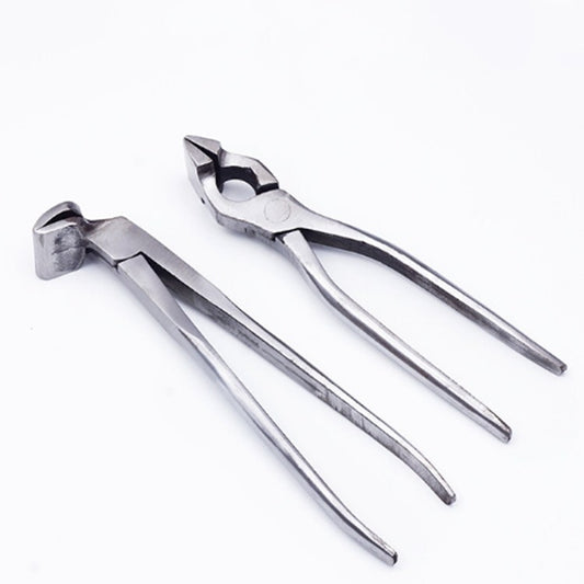 Leather pliers pair with angled box-style punch heads and long metal handles