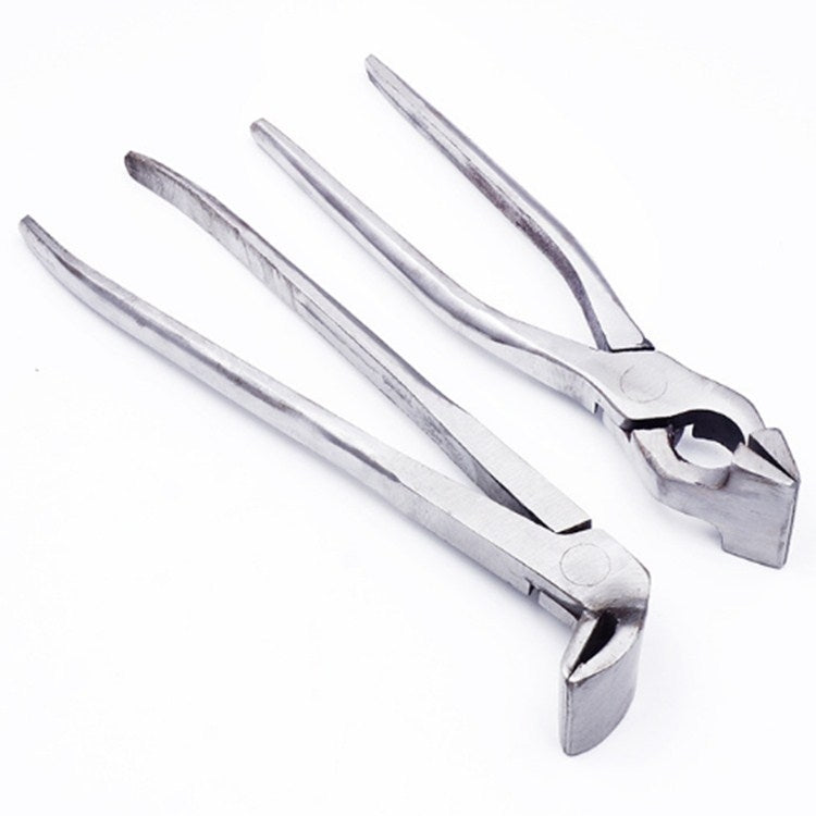 Metal leather pliers with angled jaws and round punch opening
