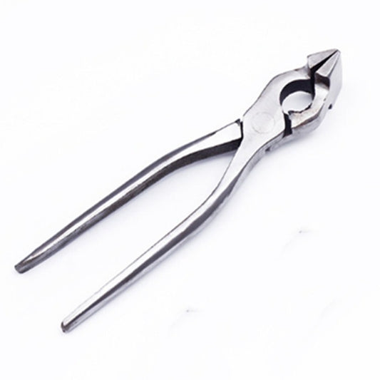 Leather pliers tool with straight jaws and metal box-style punch head