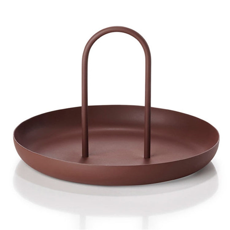 Brown round portable tray with two upright curved handles for organizing small items.