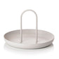 White round storage tray with two upright curved handles for small desk objects.
