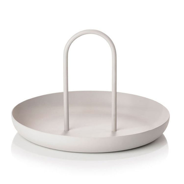 White round storage tray with two upright curved handles for small desk objects.