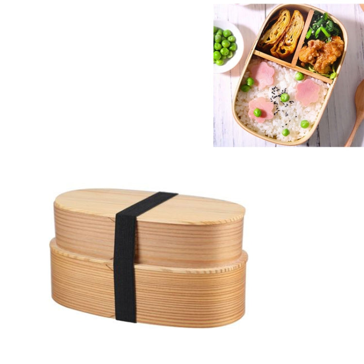 Double-layer wooden bento lunch box with black strap, light wood tone