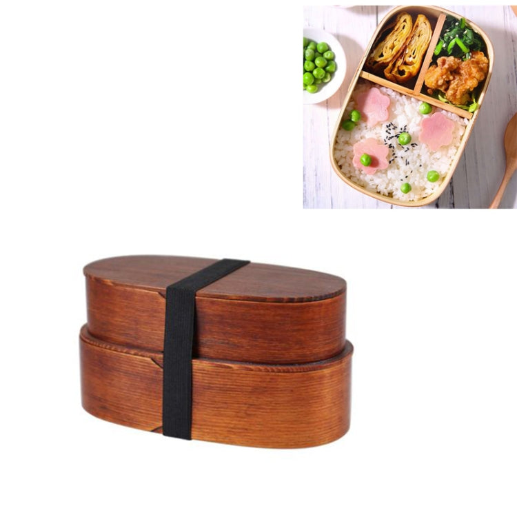 Double-layer wooden bento lunch box with black strap, dark wood tone