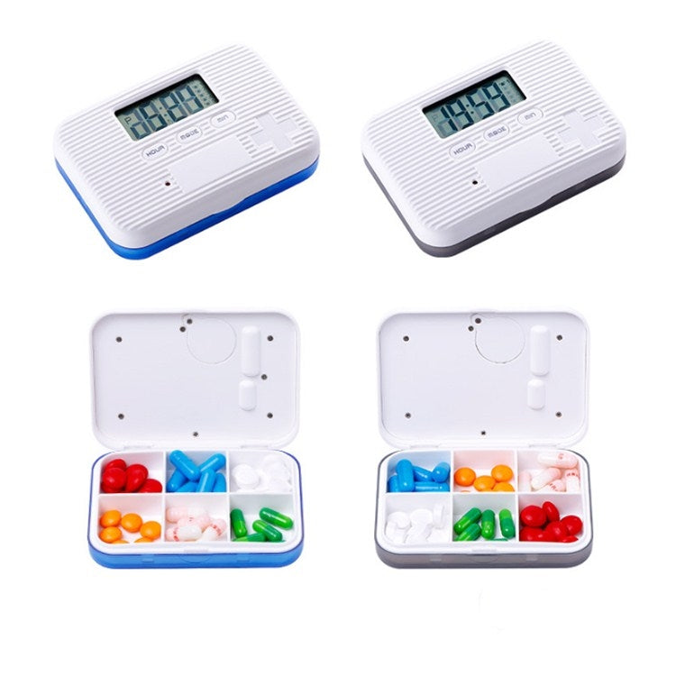Mini electronic pill box set: closed timers and open 6-compartment trays with capsules