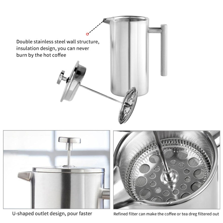 Stainless steel French press coffee pot with U-shaped outlet and reusable filter can