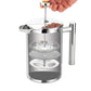 Stainless steel French press coffee pot with open filter chamber and plunger top