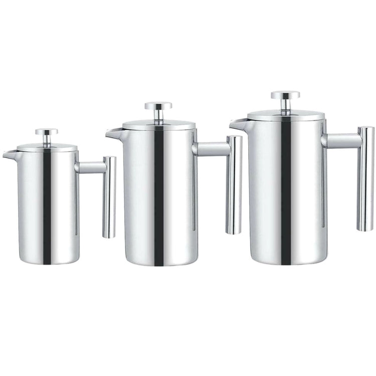Stainless steel French press coffee pots set with plunger lids and side handles