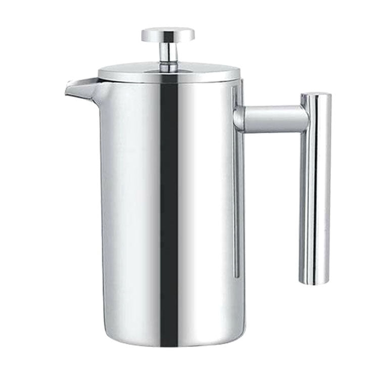 Stainless steel French pressure coffee pot with cylindrical body and plunger lid