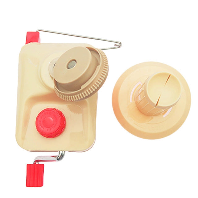 Yarn winding machine with beige spool disc, red knob, and metal tension handle