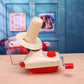 Handheld yarn winding machine with beige spool guide, red crank handle, and metal rod