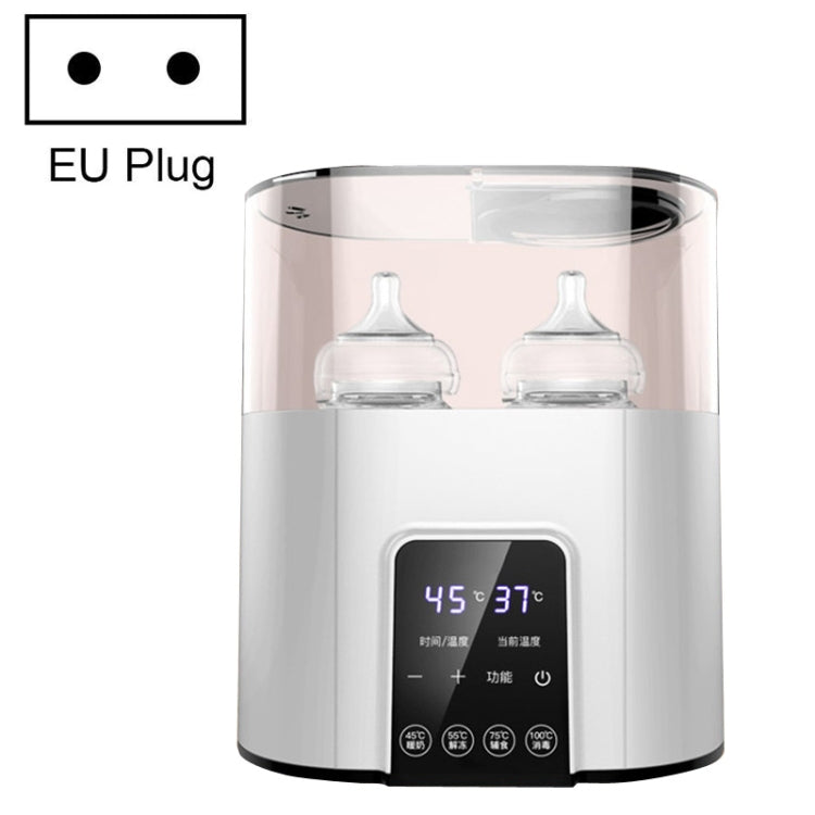EU plug double bottle warmer sterilizer with clear lid and two baby bottles, white base