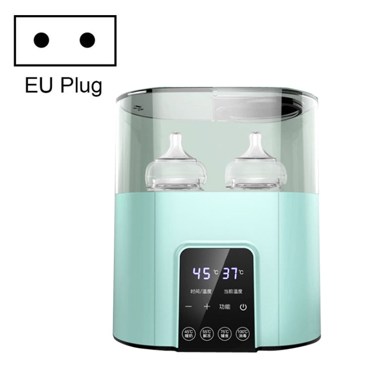 EU plug double bottle warmer sterilizer in mint, clear lid with two baby bottles and display