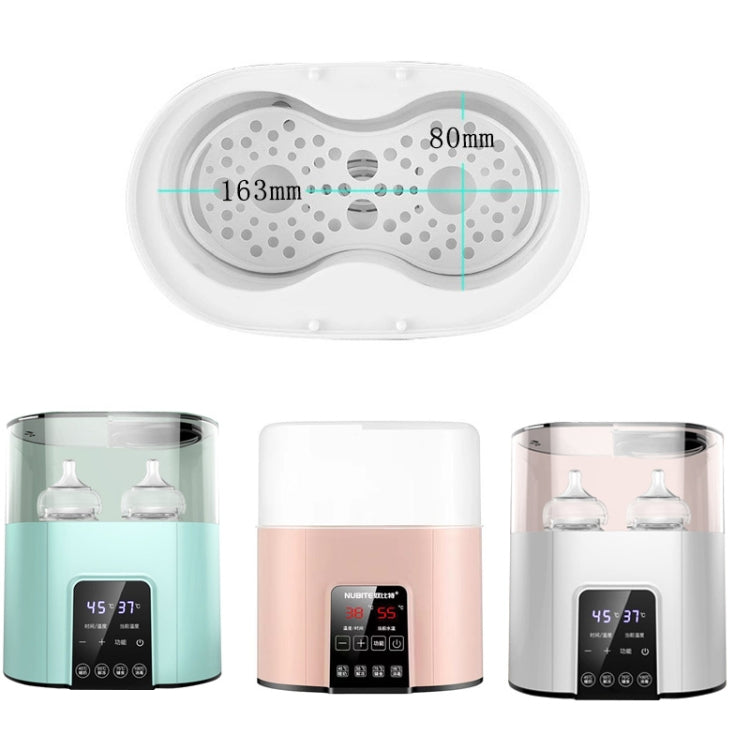 Double bottle warmer sterilizer with size diagram and three color options (white, mint, pink)
