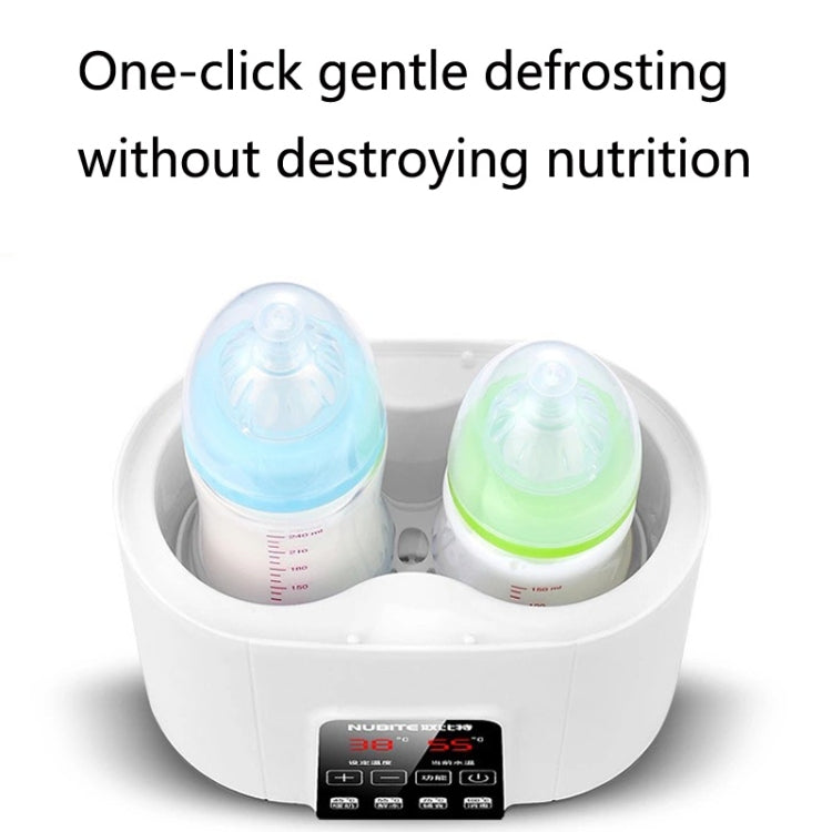 White double bottle warmer sterilizer with two baby bottles and digital temperature display