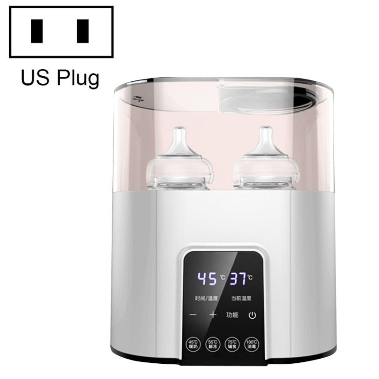 US plug double bottle warmer sterilizer with clear lid and two baby bottles, white base