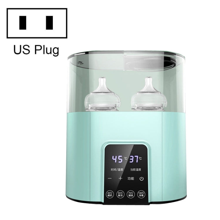 US plug double bottle warmer sterilizer in mint, clear lid with two baby bottles and display