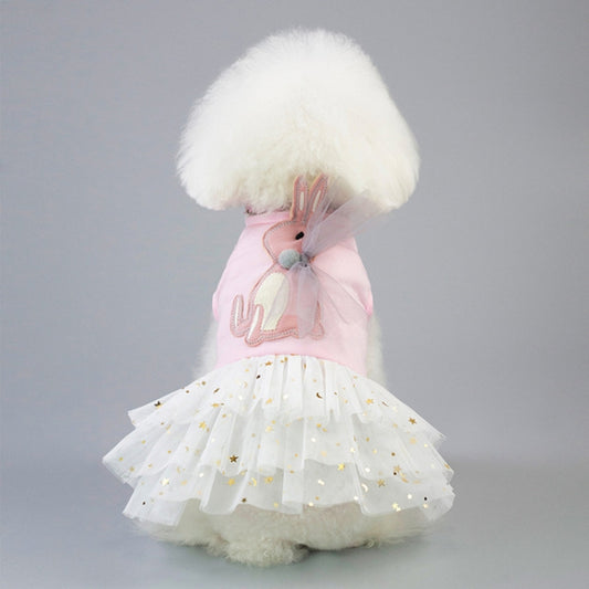 Pet rabbit-themed skirt for small dogs, pink top with bunny applique and white star tulle