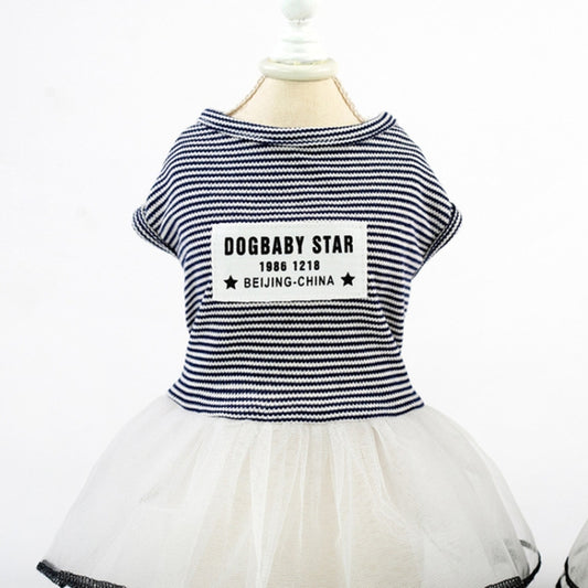 Blue striped dog pet skirt with white tulle layer and round neckline